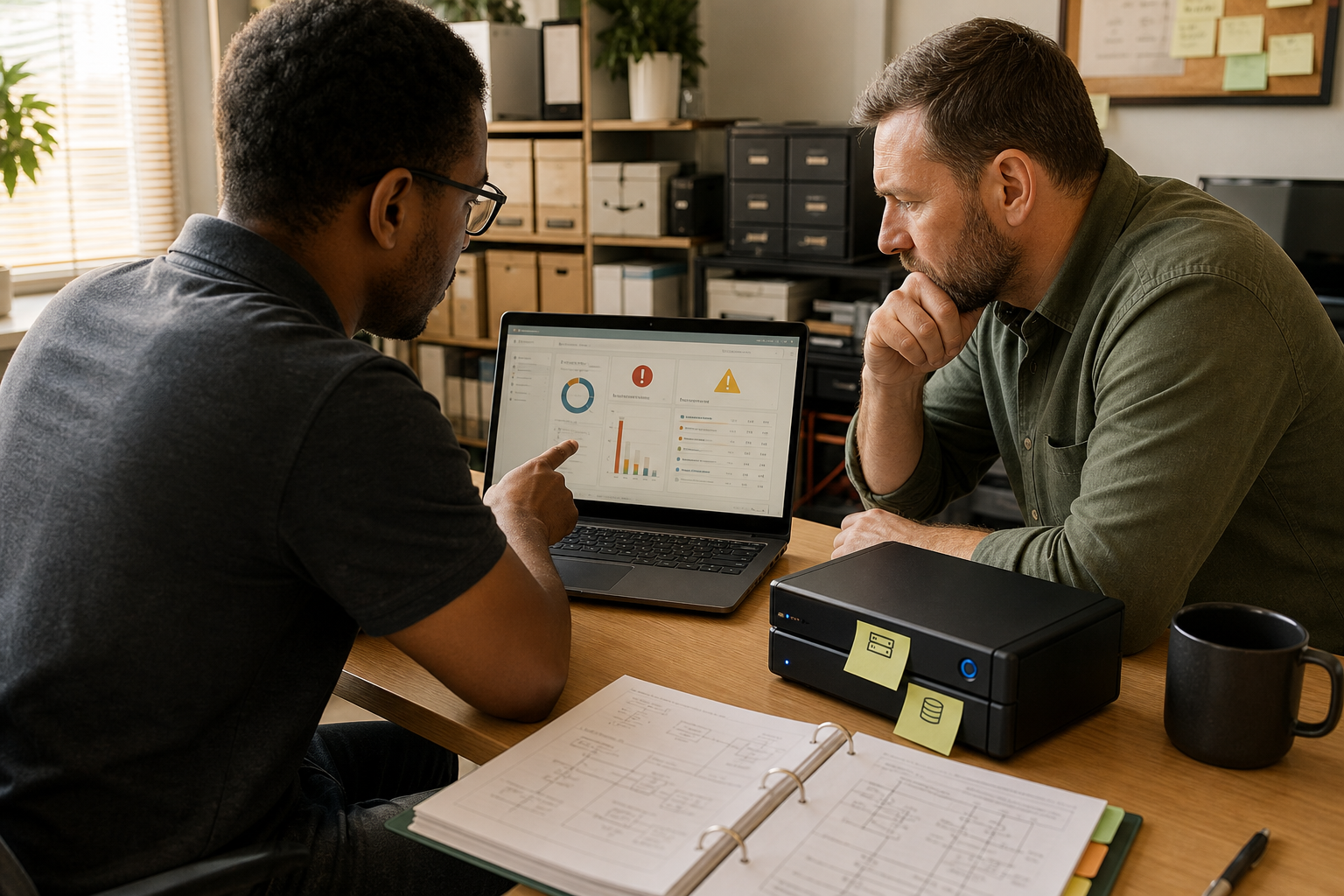 IT technician and operations manager reviewing backup failures and infrastructure capacity warnings