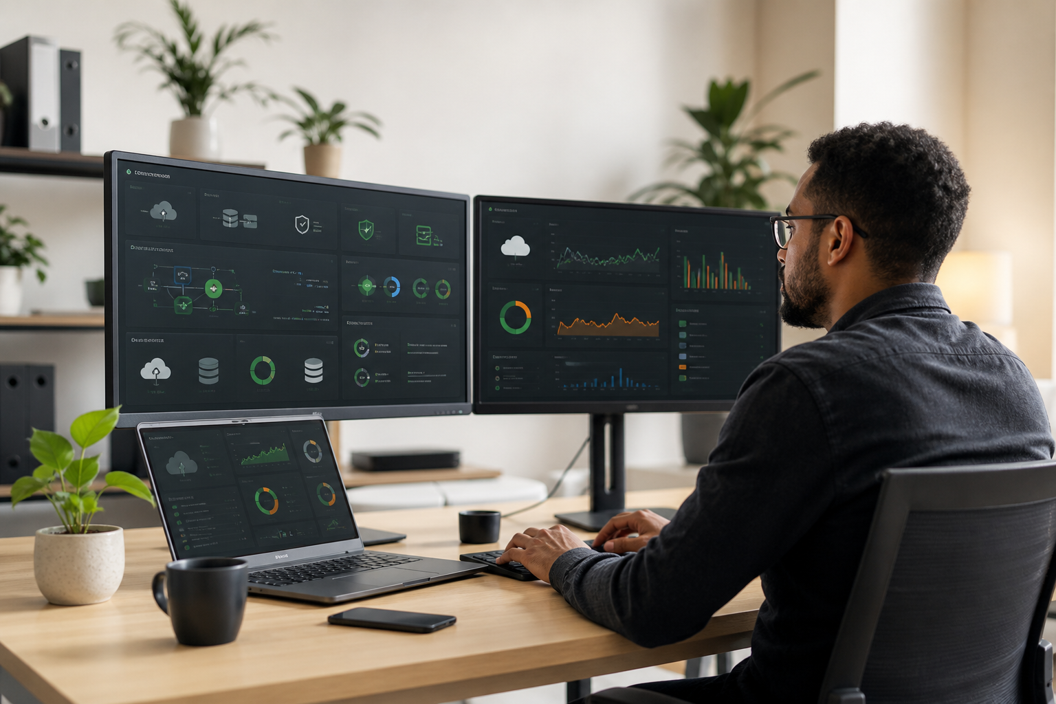 Infrastructure engineer monitoring servers, cloud services, backups, and networks