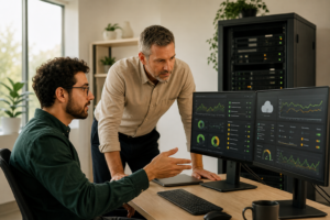 IT infrastructure engineer and business leader reviewing servers, cloud, and network health