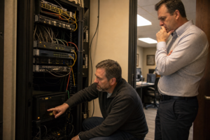 IT technician inspecting aging small-business network and server equipment
