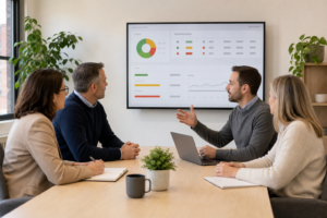 Business leaders and an IT advisor reviewing SLA performance and escalation results