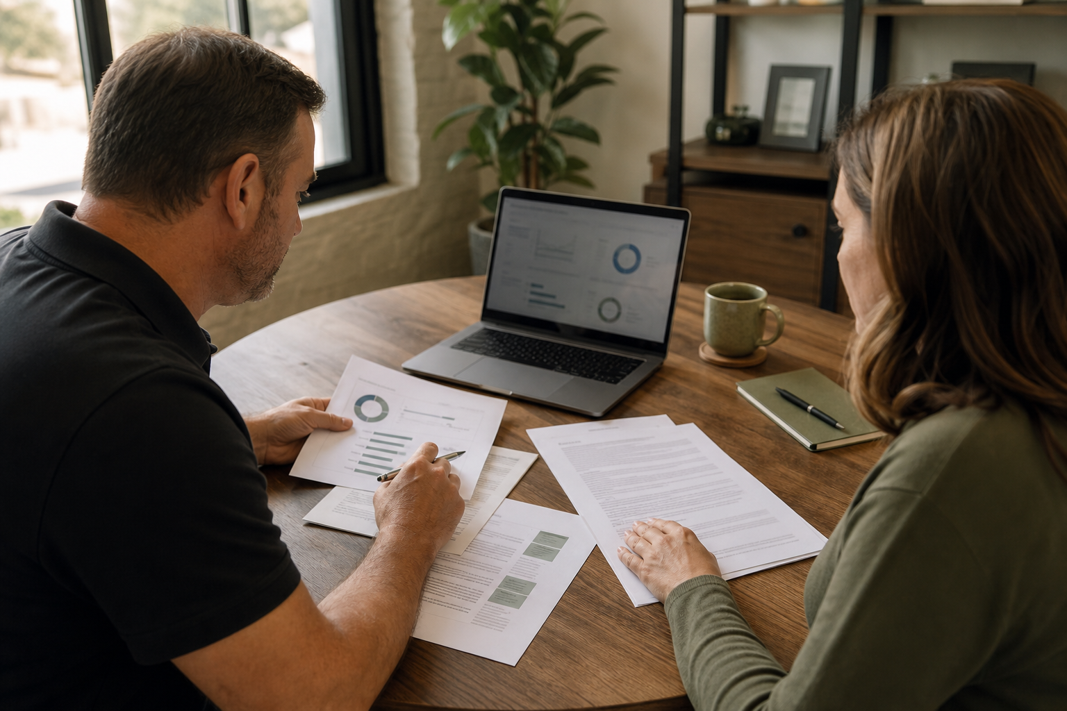Small-business leaders reviewing a managed IT service agreement and performance report
