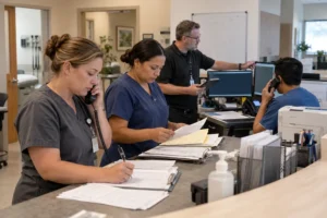 Medical practice staff following an EHR downtime procedure with IT support
