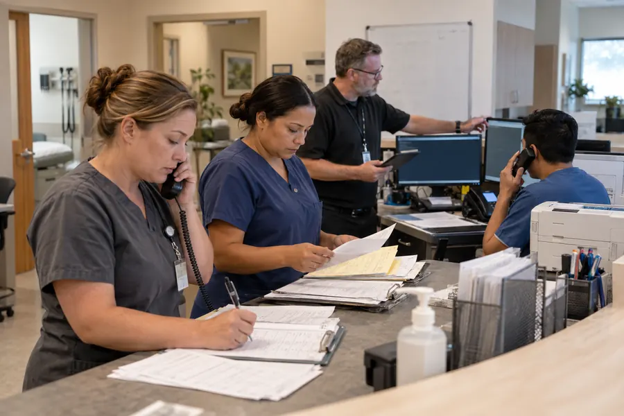 Medical practice staff following an EHR downtime procedure with IT support