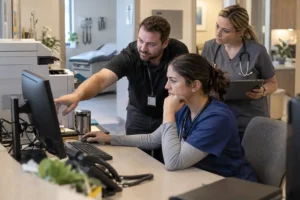 IT technician helping medical practice staff resolve a workstation problem
