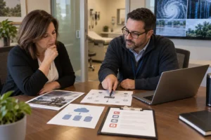 Medical practice administrator and IT specialist reviewing a disaster recovery plan