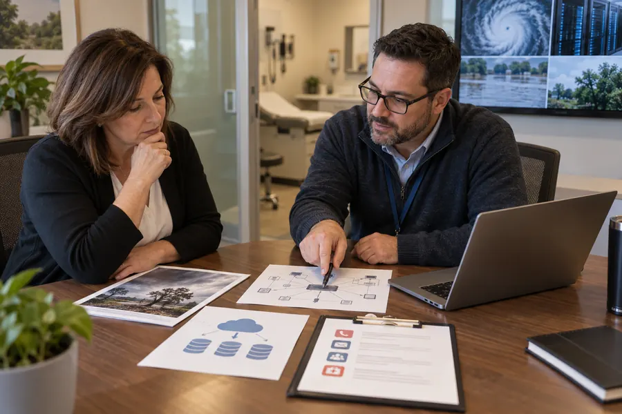 Medical practice administrator and IT specialist reviewing a disaster recovery plan