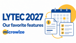 LYTEC 2027 favorite features with the Microwize logo and scheduling and billing illustrations.
