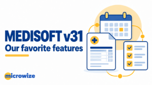 MEDISOFT v31 favorite features with the Microwize logo and billing workflow illustrations.
