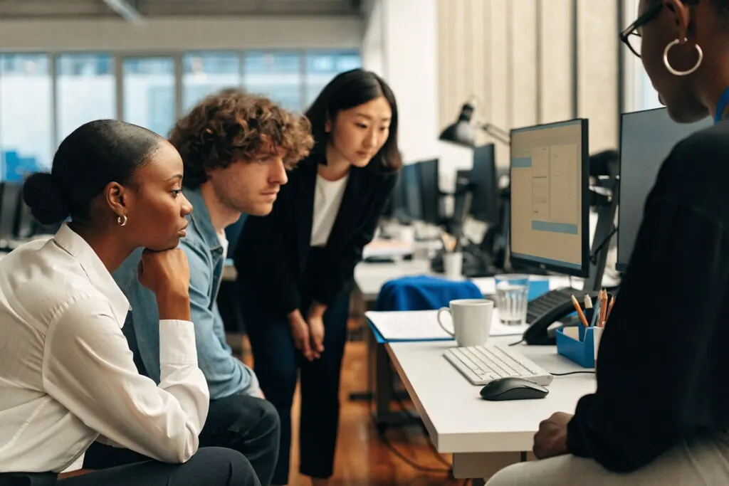 Medical billing specialists collaborating in an office